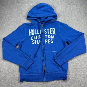 Hollister Hoodie Sz XL Blue Zip Up Fleece Spell Out Logo Graphic Skater Grunge